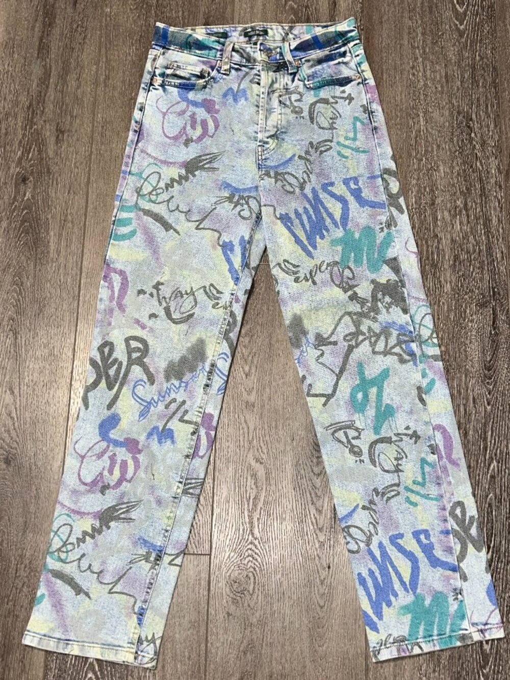 Wild Fable Size 4 Super High Rise Straight Jeans Button Fly Graffiti Wall 26x30